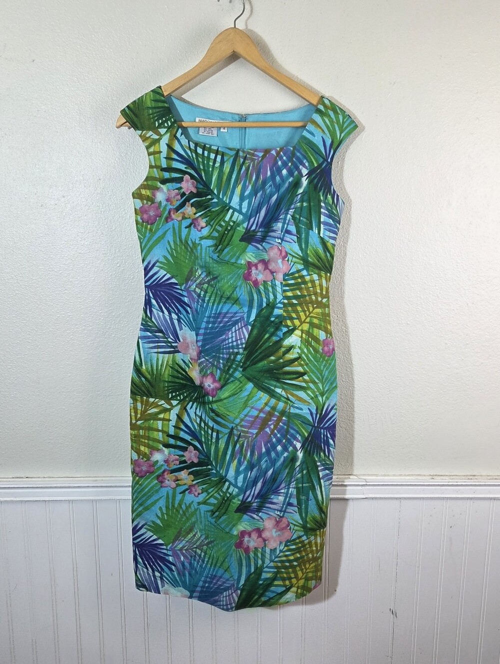 Maggy London Dress Sz 4 Tropical Floral Botanical Sheath Teal Green Pink Y2K